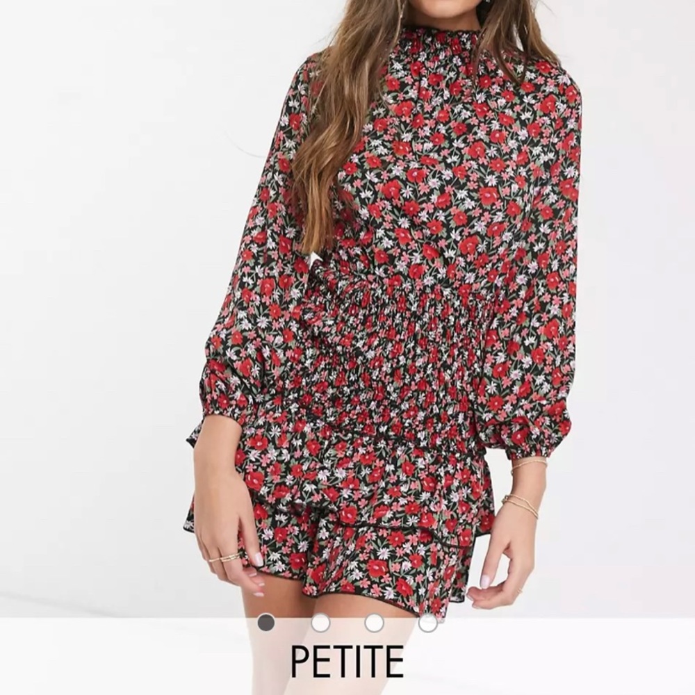 Petite high neck shirred mini smock dress in ditsy print